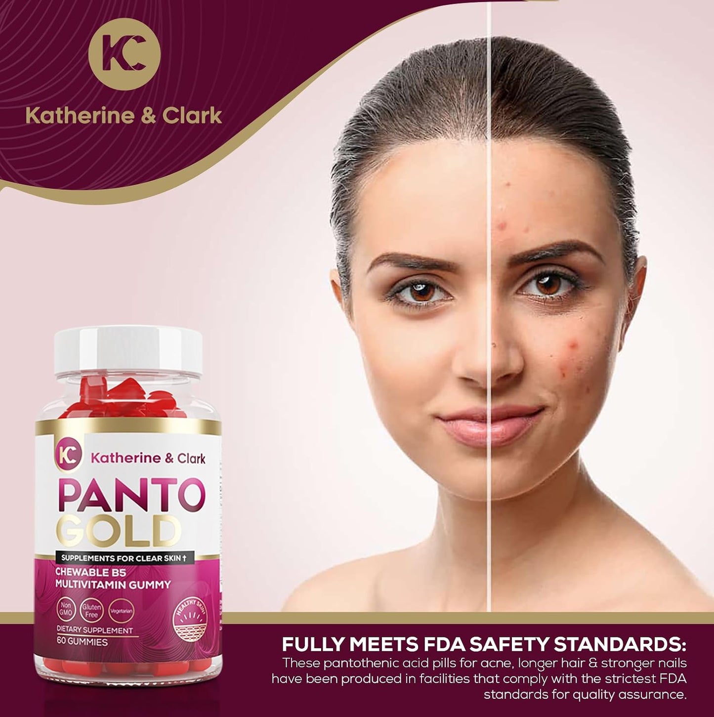 Clark & Katherine Pantothenic Acid Gummies for Acne, Hair, Skin & Nails - Biotin, Zinc, Folic Acid - Non-GMO, Gluten-Free Chewables - 60 Count