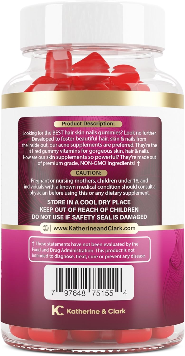 Clark & Katherine Pantothenic Acid Gummies for Acne, Hair, Skin & Nails - Biotin, Zinc, Folic Acid - Non-GMO, Gluten-Free Chewables - 60 Count