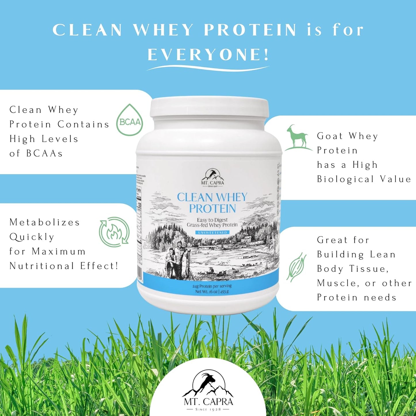 Clean Grass-Fed Goat Whey Protein Powder | High Protein, All Natural, Non-GMO | Undenatured, Unsweetened | 15 Servings - 16 oz
