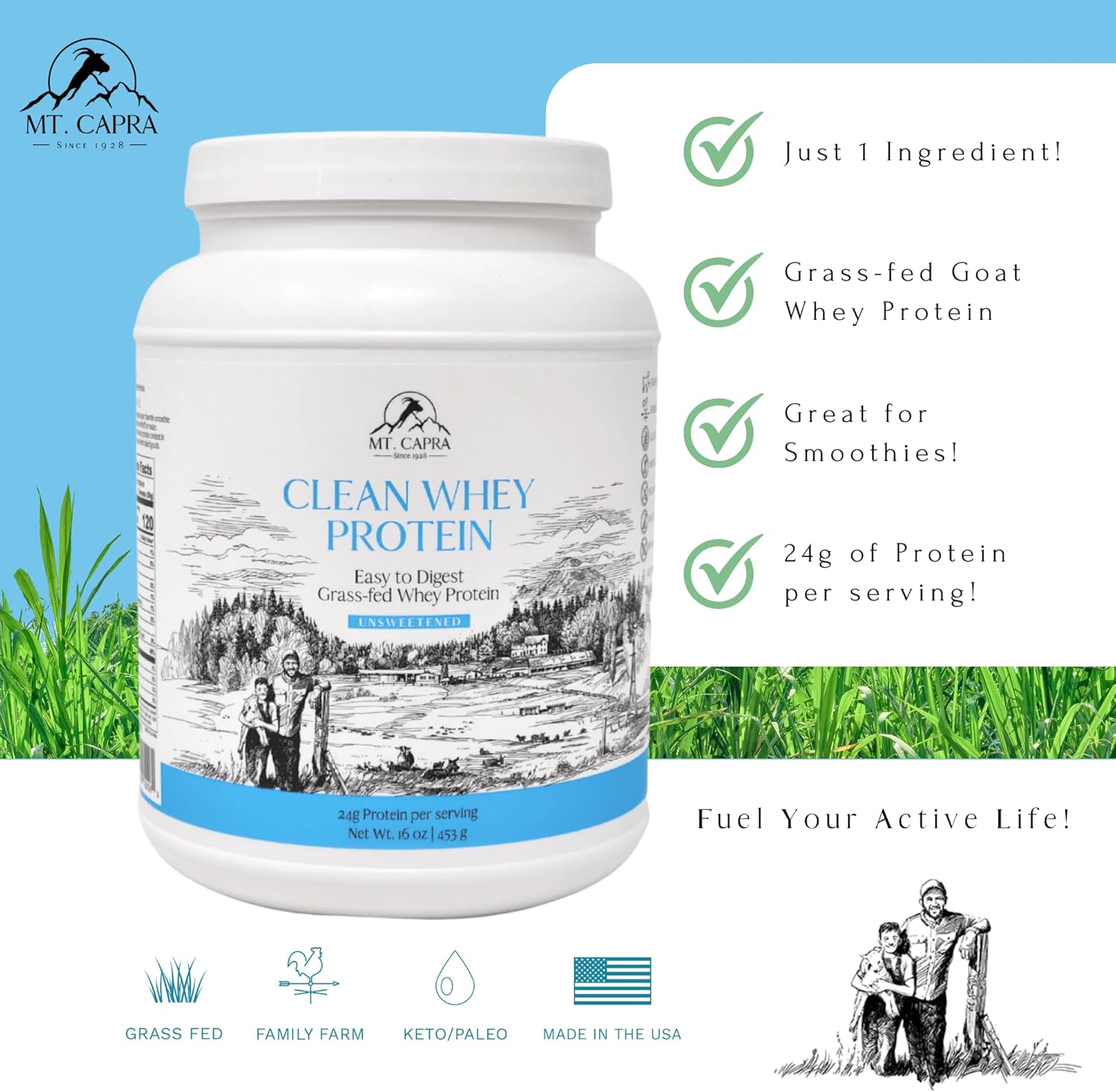 Clean Grass-Fed Goat Whey Protein Powder | High Protein, All Natural, Non-GMO | Undenatured, Unsweetened | 15 Servings - 16 oz
