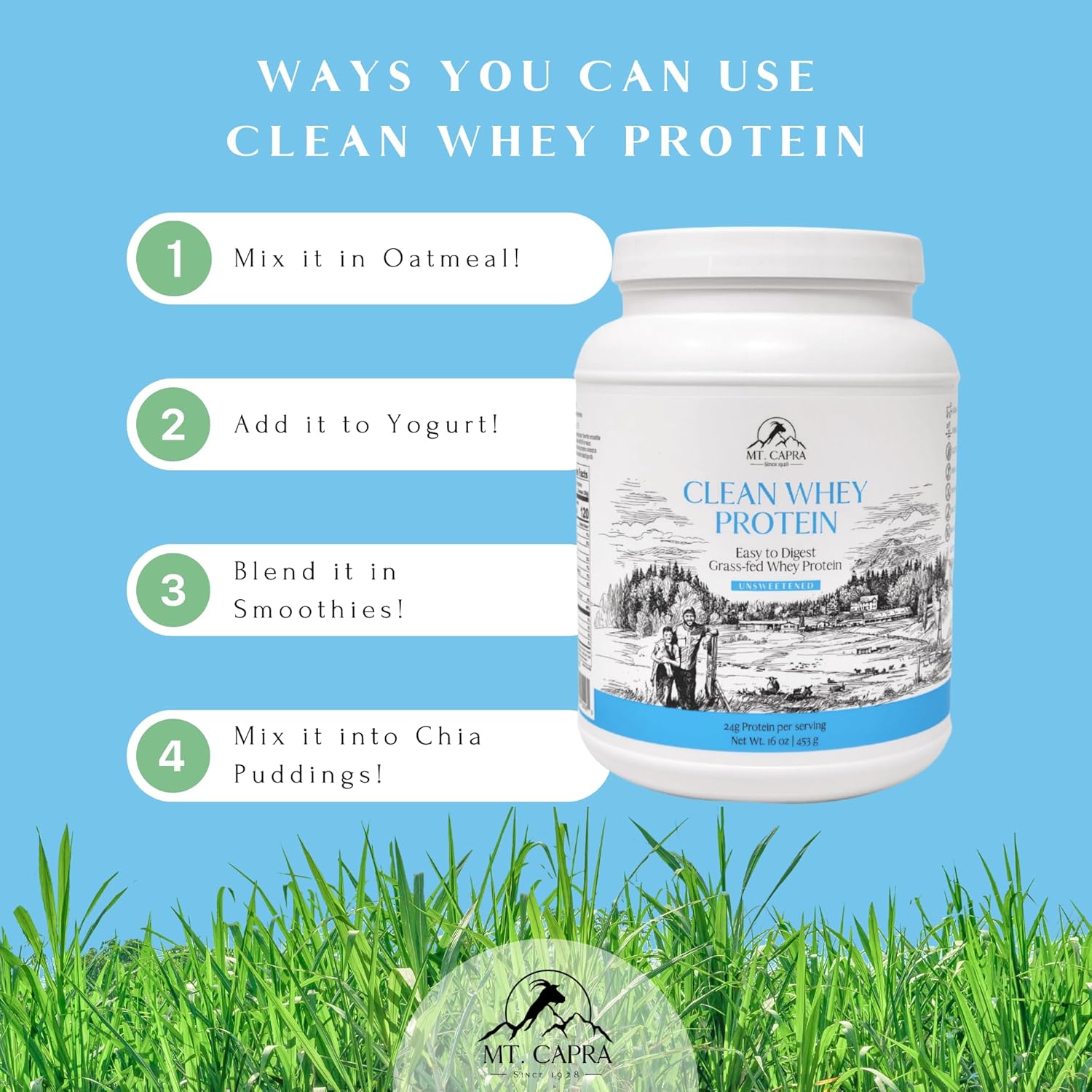 Clean Grass-Fed Goat Whey Protein Powder | High Protein, All Natural, Non-GMO | Undenatured, Unsweetened | 15 Servings - 16 oz