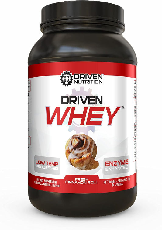 Clean Grass Fed Whey Protein Powder for Muscle Recovery - Driven Nutrition Driven WHEY with BCAA and Digestive Enzymes - Delicious Cinnamon Roll Flavor (2 lb)