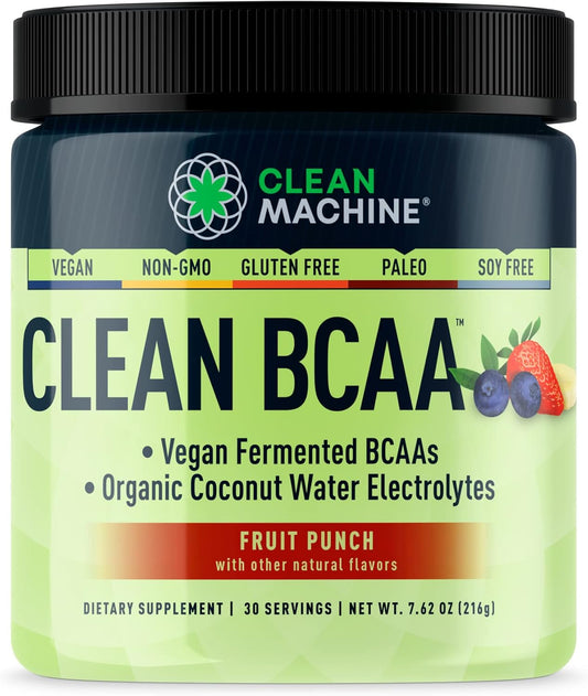 CLEAN MACHINE Clean BCAA Powder with Food Sourced BCAAs & Coconut Water Electrolytes - Vegan Recovery & Energy Supplement - Fruit Punch Flavor, 30 Servings