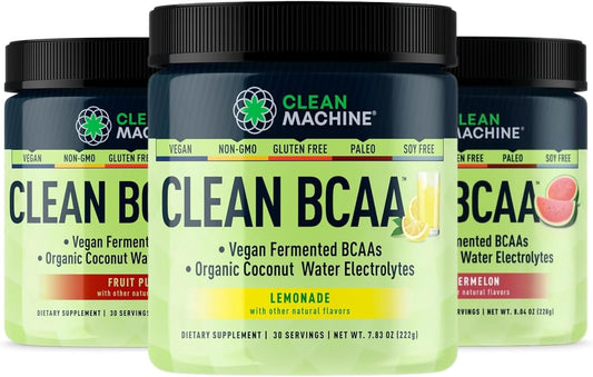 Clean Machine Clean BCAA Powder with Food Sourced BCAAs & Coconut Water Electrolytes - Vegan Amino Acid Supplement - 90 Servings, 3 Pack Variety Pack