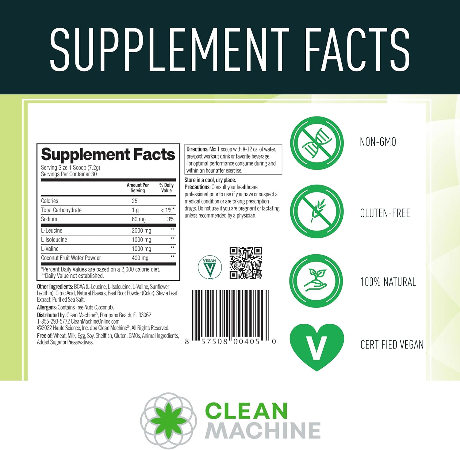 CLEAN MACHINE Clean BCAA Powder with Food Sourced BCAAs & Coconut Water Electrolytes - Vegan Recovery & Energy Supplement - Fruit Punch Flavor, 30 Servings