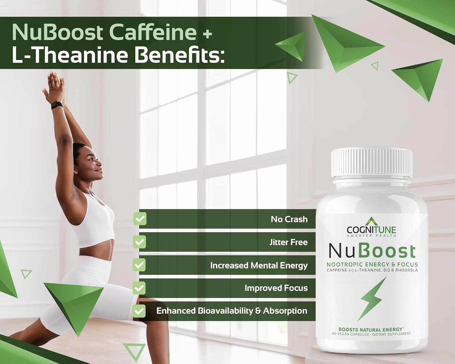 Clean Nootropic Brain Booster - Energy & Focus Supplement with Caffeine, L-Theanine, Vitamin B12, Rhodiola & BioPerine for No Crash, Jitter-Free Performance - 100mg Caffeine Pills