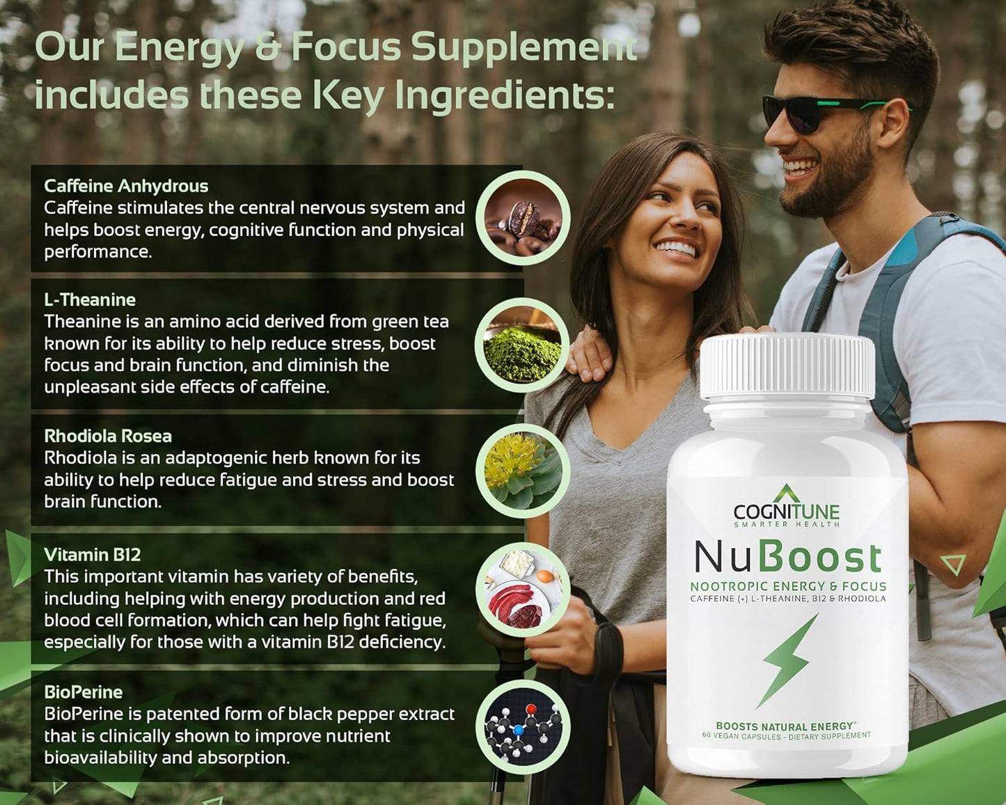 Clean Nootropic Brain Booster - Energy & Focus Supplement with Caffeine, L-Theanine, Vitamin B12, Rhodiola & BioPerine for No Crash, Jitter-Free Performance - 100mg Caffeine Pills
