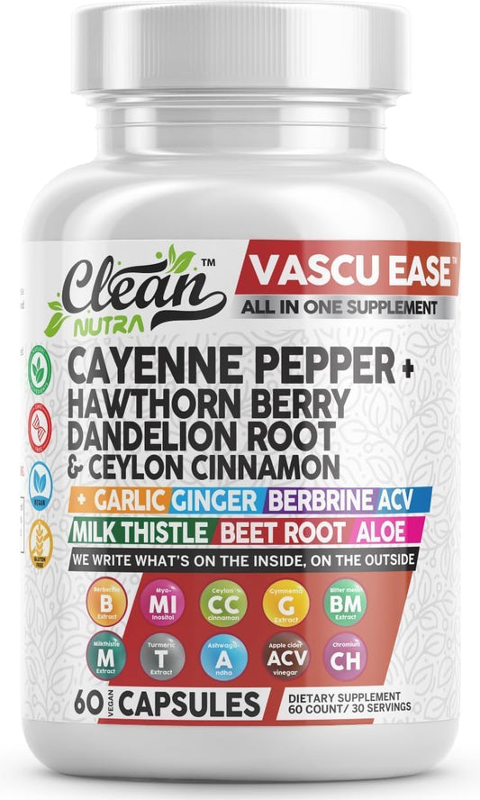 Clean Nutra Cayenne Pepper Supplement with Hawthorn Berry Capsules & More - Nutraceuticals with Dandelion Root, Ceylon Cinnamon, Garlic, Ginger, Berberine, Apple Cider Vinegar, Milk Thistle, Beet Root, Aloe Vera Pills