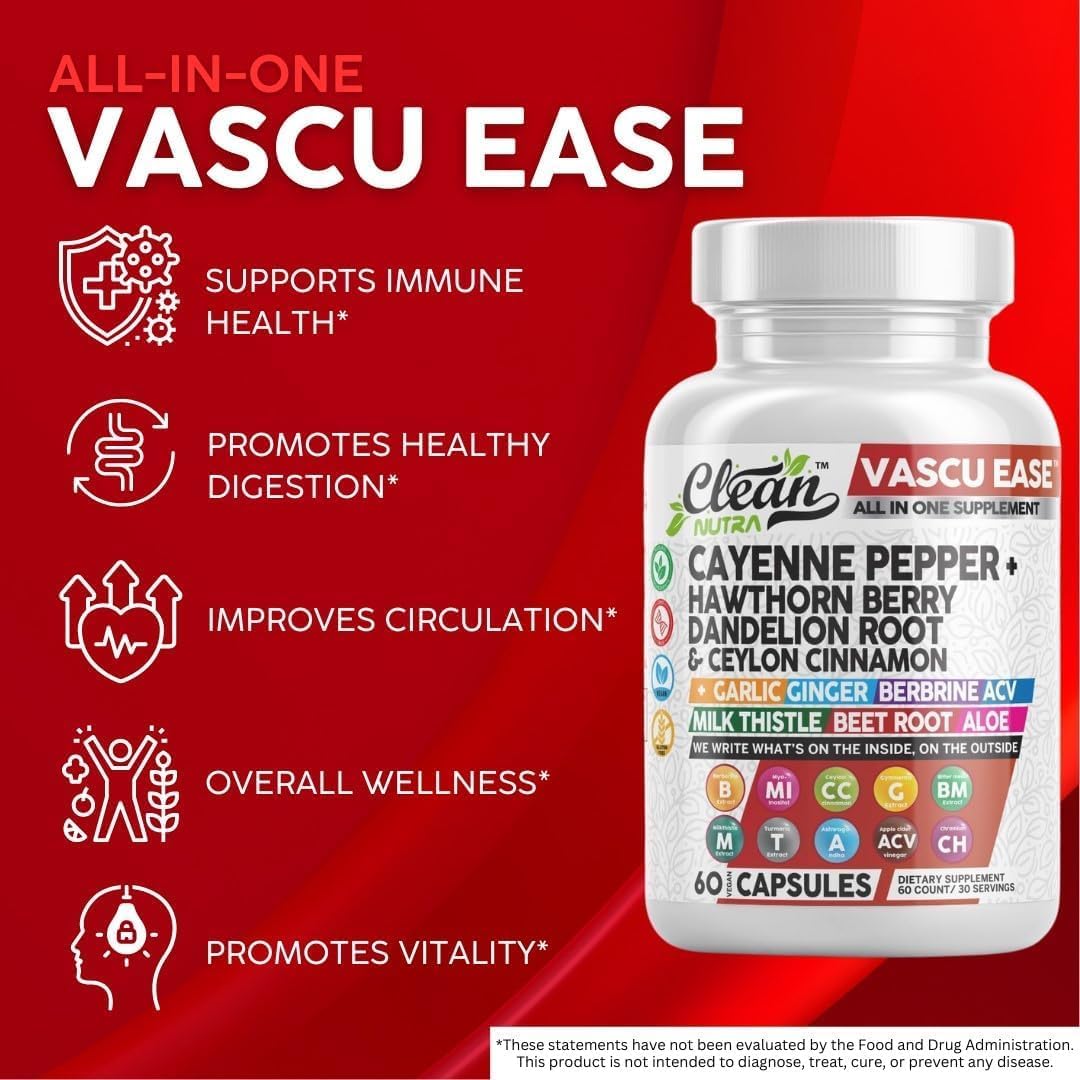 Clean Nutra Cayenne Pepper Supplement with Hawthorn Berry Capsules & More - Nutraceuticals with Dandelion Root, Ceylon Cinnamon, Garlic, Ginger, Berberine, Apple Cider Vinegar, Milk Thistle, Beet Root, Aloe Vera Pills