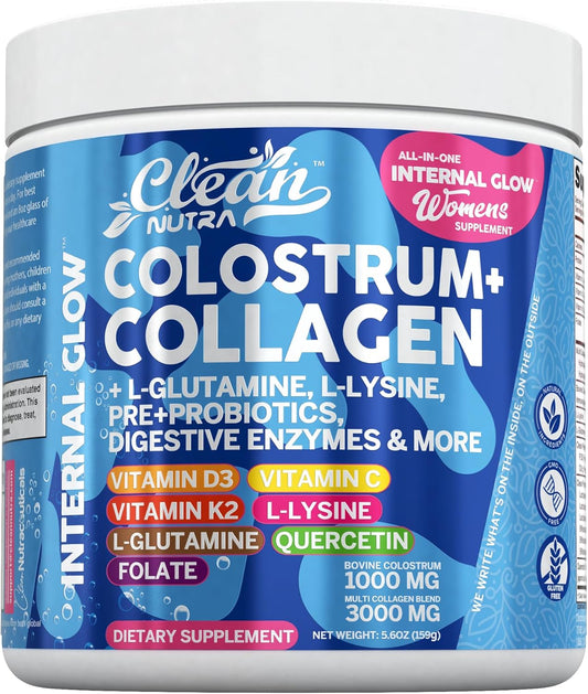 Clean Nutra Gut Health Supplement with Bovine Colostrum, Collagen Peptides, Prebiotics, Probiotics, Digestive Enzymes, and Vitamins for Internal Glow (1)