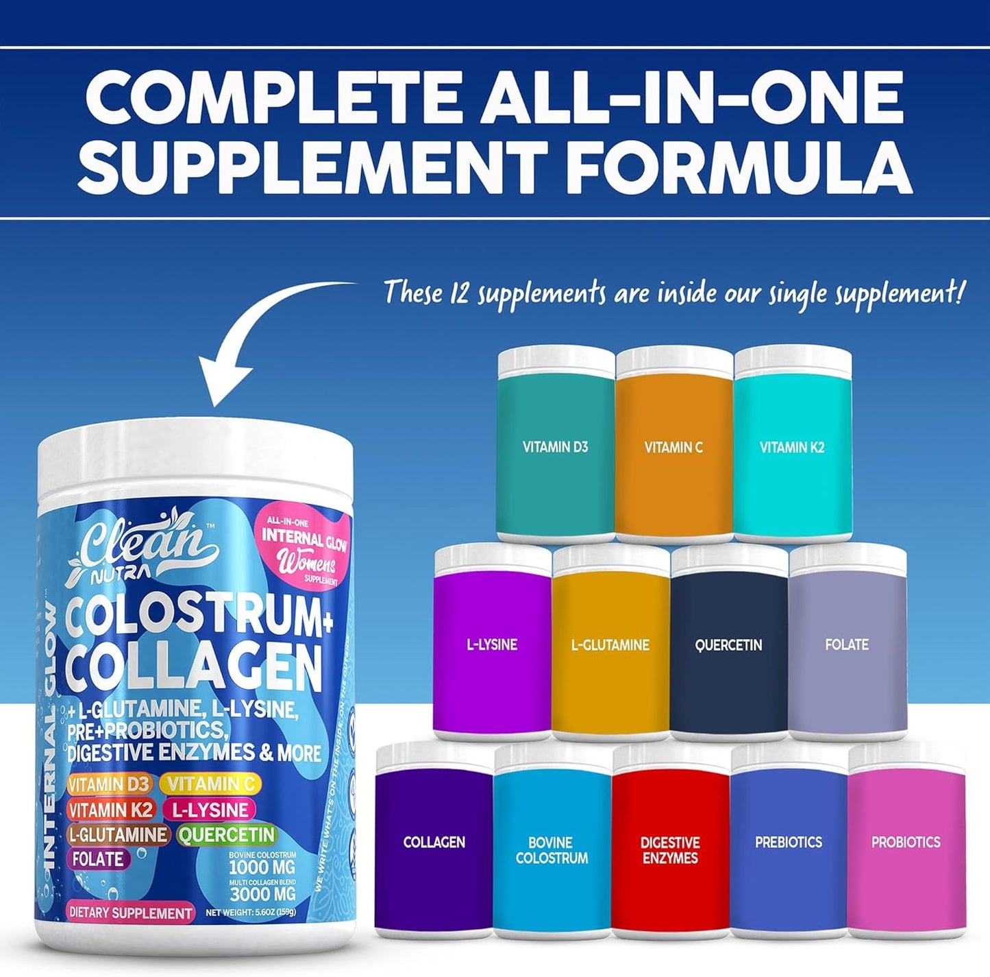Clean Nutra Gut Health Supplement with Bovine Colostrum, Collagen Peptides, Prebiotics, Probiotics, Digestive Enzymes, and Vitamins for Internal Glow (1)