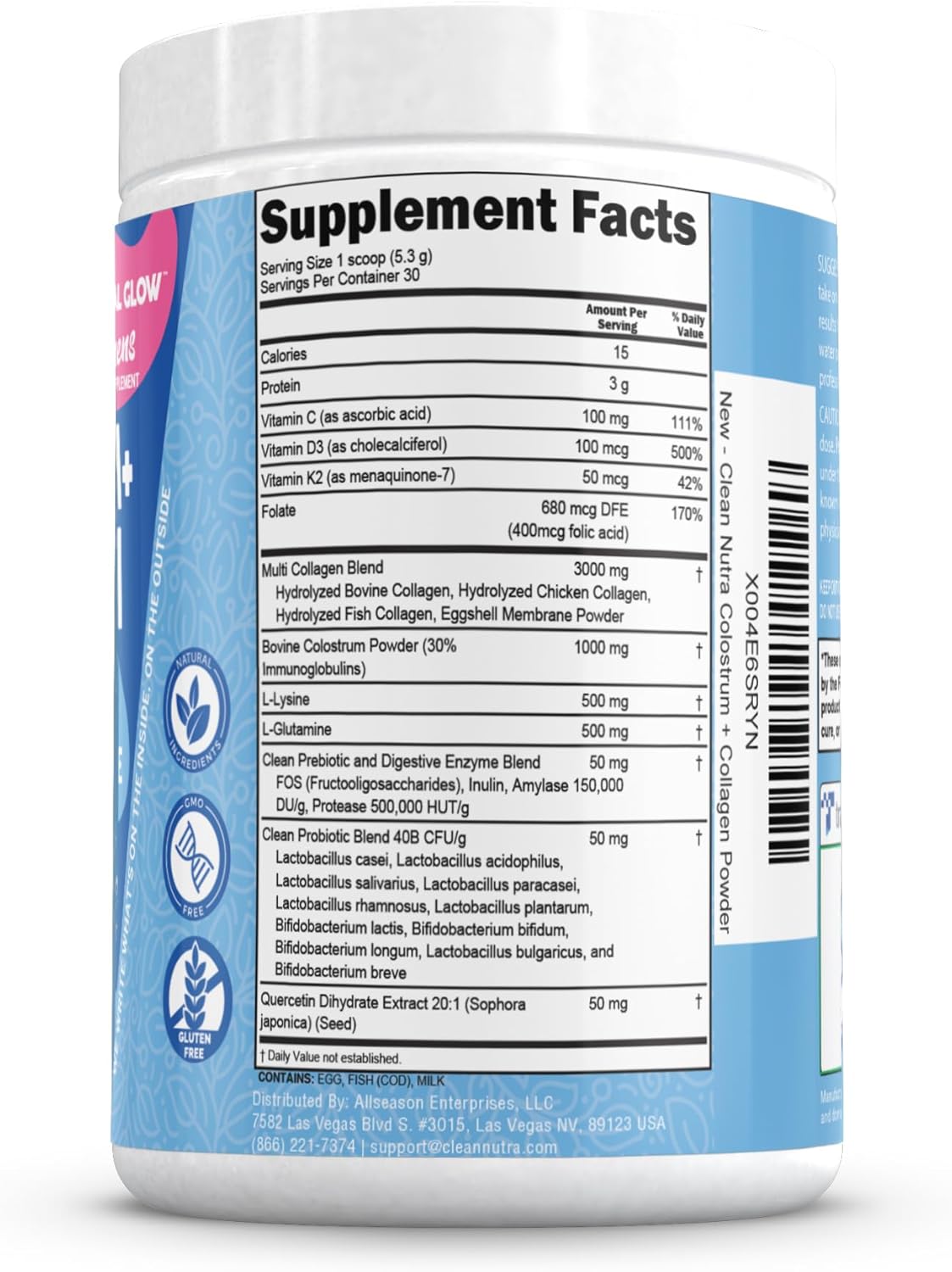 Clean Nutra Gut Health Supplement with Bovine Colostrum, Collagen Peptides, Prebiotics, Probiotics, Digestive Enzymes, and Vitamins for Internal Glow (1)