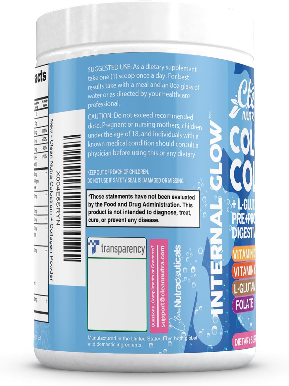 Clean Nutra Gut Health Supplement with Bovine Colostrum, Collagen Peptides, Prebiotics, Probiotics, Digestive Enzymes, and Vitamins for Internal Glow (1)