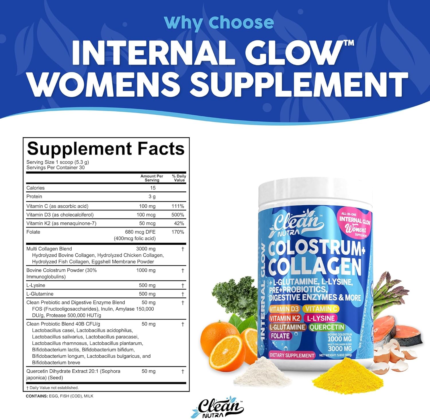 Clean Nutra Gut Health Supplement with Bovine Colostrum, Collagen Peptides, Prebiotics, Probiotics, Digestive Enzymes, and Vitamins for Internal Glow (1)