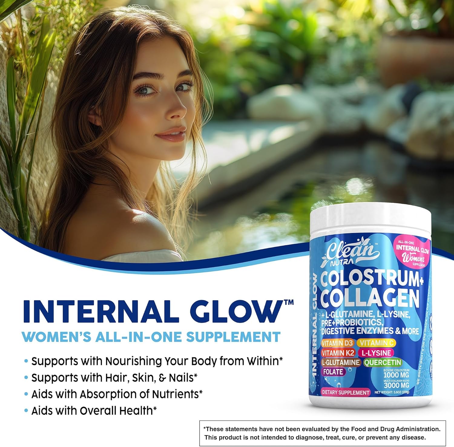 Clean Nutra Gut Health Supplement with Bovine Colostrum, Collagen Peptides, Prebiotics, Probiotics, Digestive Enzymes, and Vitamins for Internal Glow (1)