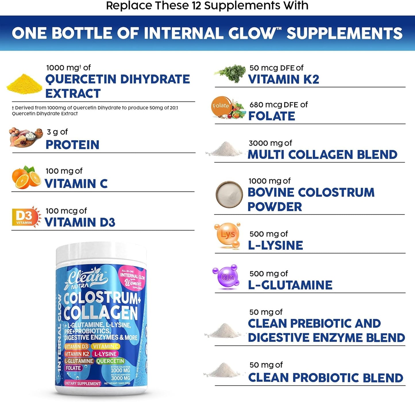 Clean Nutra Gut Health Supplement with Bovine Colostrum, Collagen Peptides, Prebiotics, Probiotics, Digestive Enzymes, and Vitamins for Internal Glow (1)