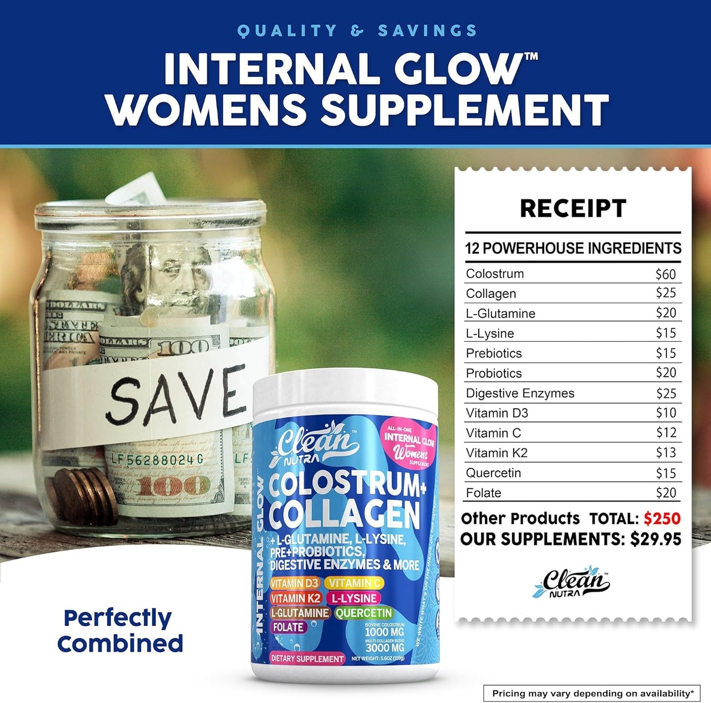 Clean Nutra Gut Health Supplement with Bovine Colostrum, Collagen Peptides, Prebiotics, Probiotics, Digestive Enzymes, and Vitamins for Internal Glow (1)