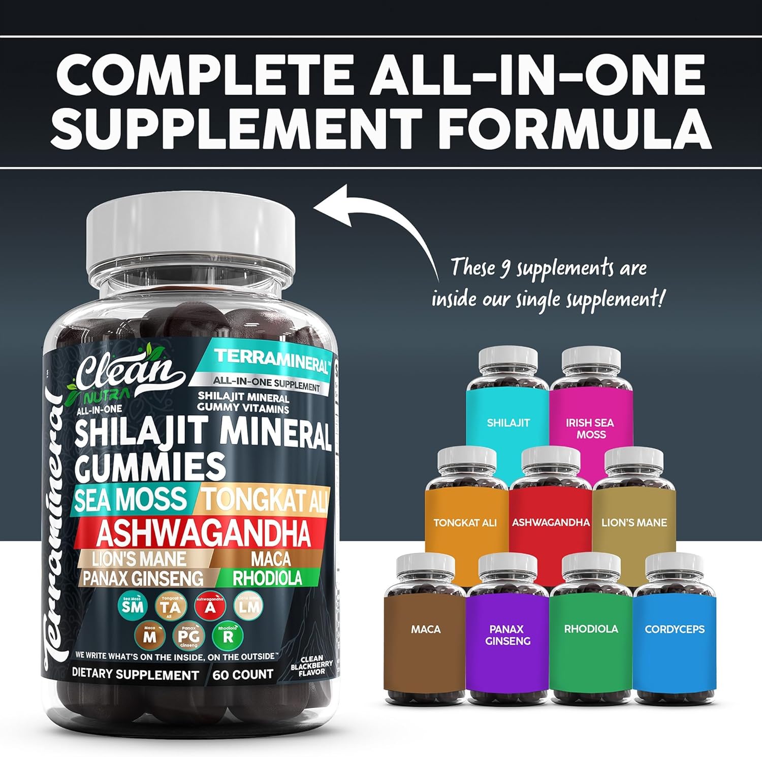 Clean Nutra Terramineral Shilajit Gummies with Sea Moss, Tongkat Ali, Ashwagandha, Lion's Mane, MACA, Ginseng, Rhodiola, & Cordyceps