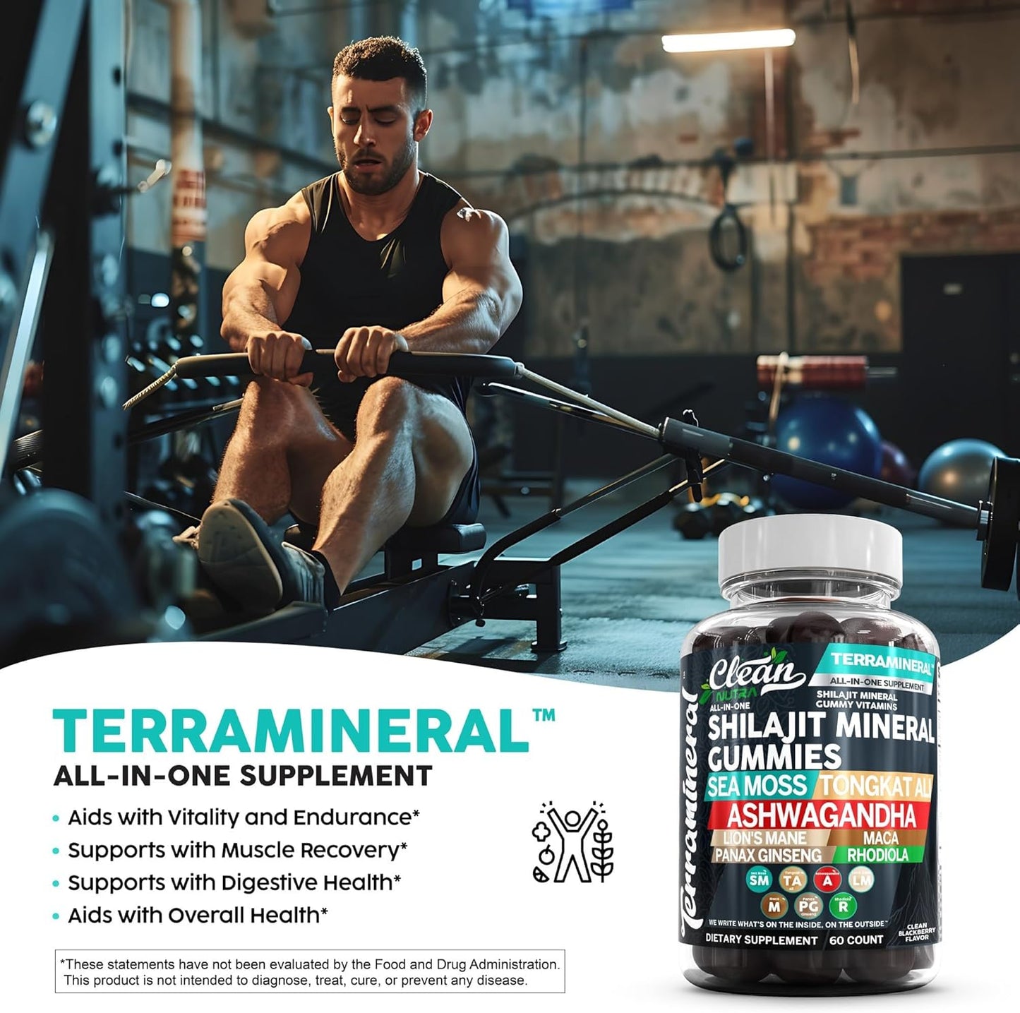 Clean Nutra Terramineral Shilajit Gummies with Sea Moss, Tongkat Ali, Ashwagandha, Lion's Mane, MACA, Ginseng, Rhodiola, & Cordyceps