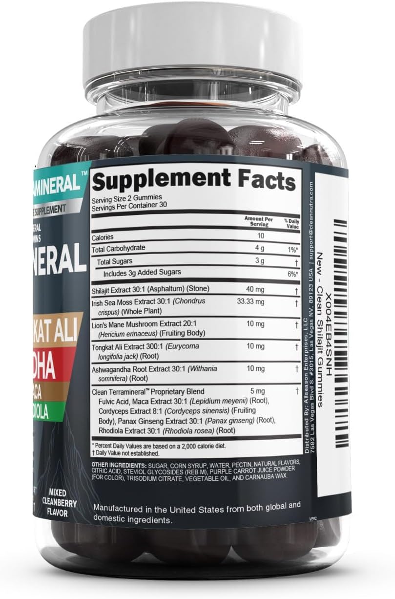 Clean Nutra Terramineral Shilajit Gummies with Sea Moss, Tongkat Ali, Ashwagandha, Lion's Mane, MACA, Ginseng, Rhodiola, & Cordyceps