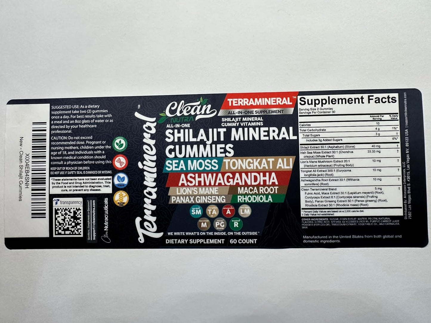 Clean Nutra Terramineral Shilajit Gummies with Sea Moss, Tongkat Ali, Ashwagandha, Lion's Mane, MACA, Ginseng, Rhodiola, & Cordyceps