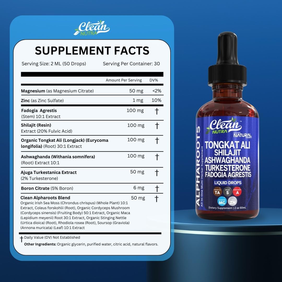 Clean Nutra Tongkat Ali Liquid Drops with Shilajit, Ashwagandha, Turkesterone, Fadogia Agrestis, Magnesium, Sea Moss, and Zinc Herbal Supplement