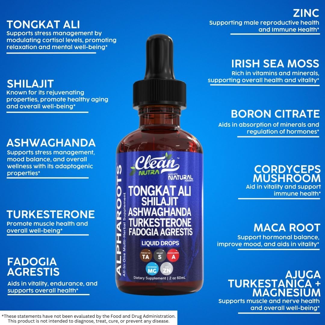Clean Nutra Tongkat Ali Liquid Drops with Shilajit, Ashwagandha, Turkesterone, Fadogia Agrestis, Magnesium, Sea Moss, and Zinc Herbal Supplement