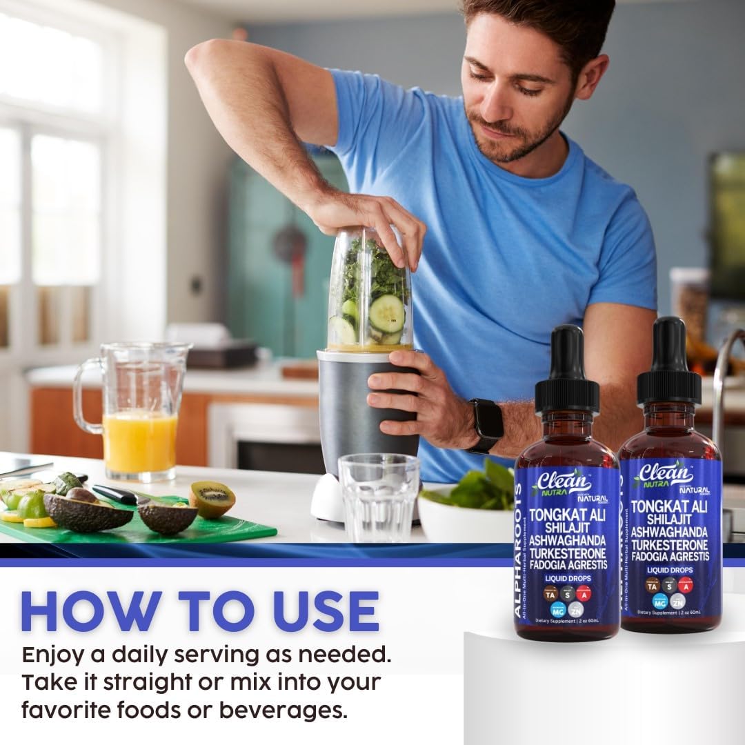Clean Nutra Tongkat Ali Liquid Drops with Shilajit, Ashwagandha, Turkesterone, Fadogia Agrestis, Magnesium, Sea Moss, and Zinc Herbal Supplement