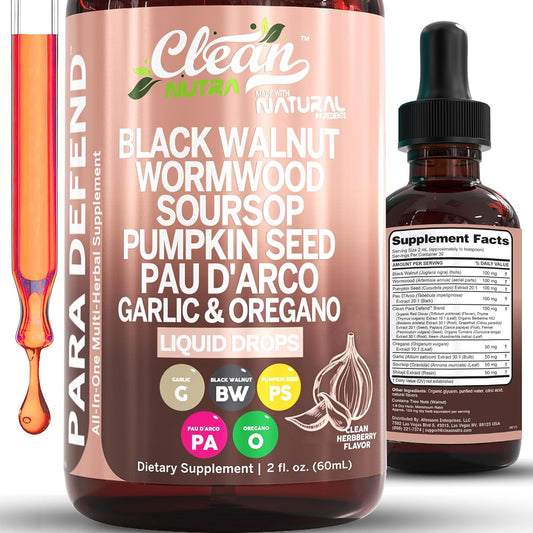 Clean Nutraceuticals Defend Black Walnut Liquid Drops with Sweet Wormwood, Soursop, Garlic, Pumpkin Seed, PAU D'Arco, Oregano, Turmeric, Berberine and Neem Tincture - Clean Nutra