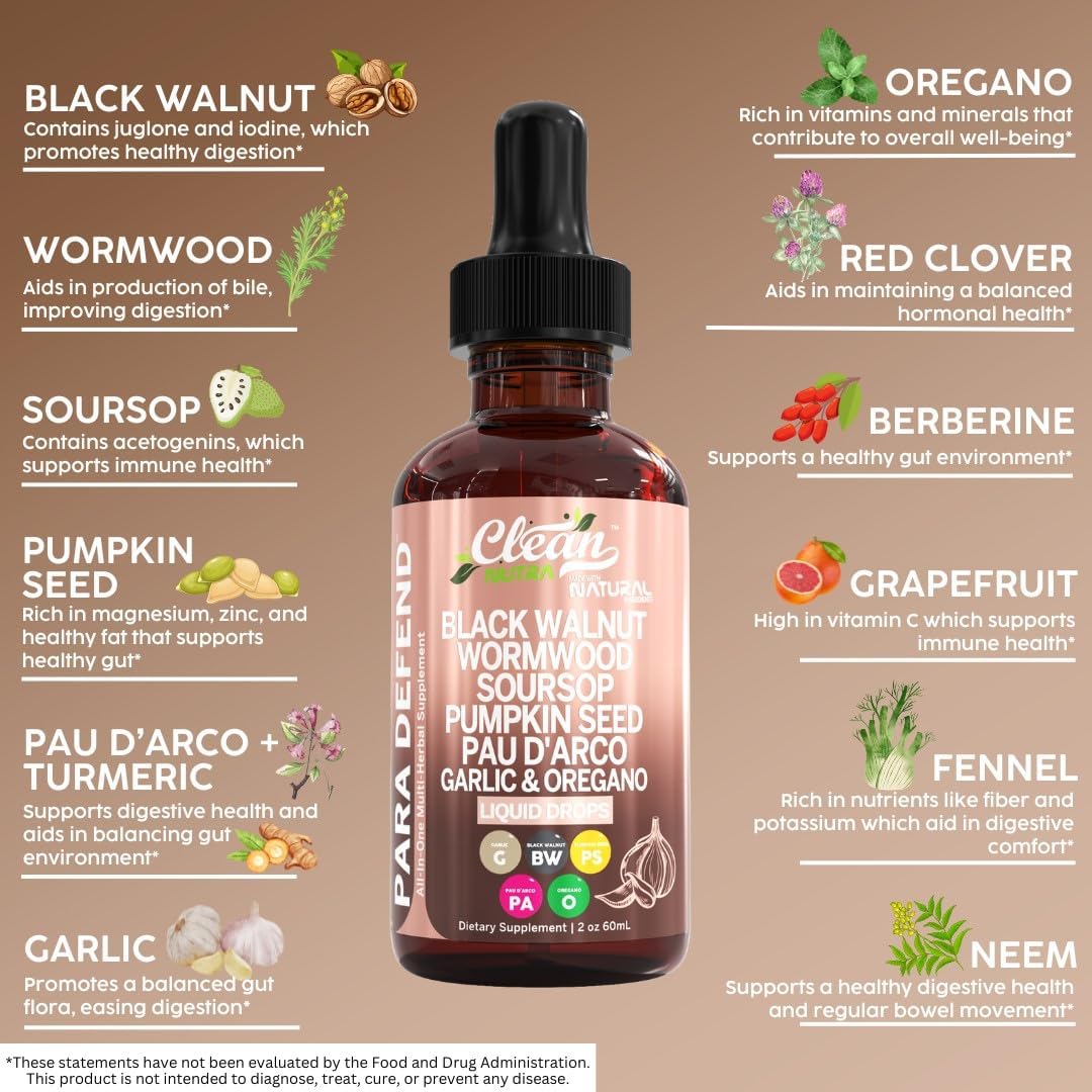 Clean Nutraceuticals Defend Black Walnut Liquid Drops with Sweet Wormwood, Soursop, Garlic, Pumpkin Seed, PAU D'Arco, Oregano, Turmeric, Berberine and Neem Tincture - Clean Nutra