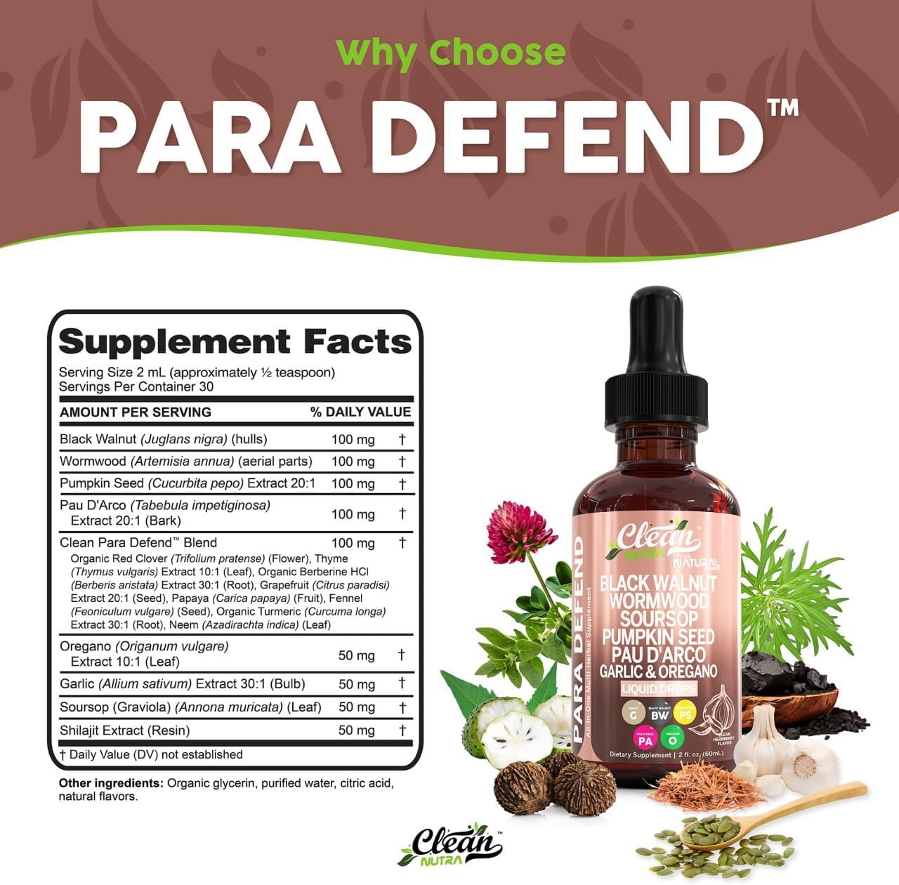 Clean Nutraceuticals Defend Black Walnut Liquid Drops with Sweet Wormwood, Soursop, Garlic, Pumpkin Seed, PAU D'Arco, Oregano, Turmeric, Berberine and Neem Tincture - Clean Nutra