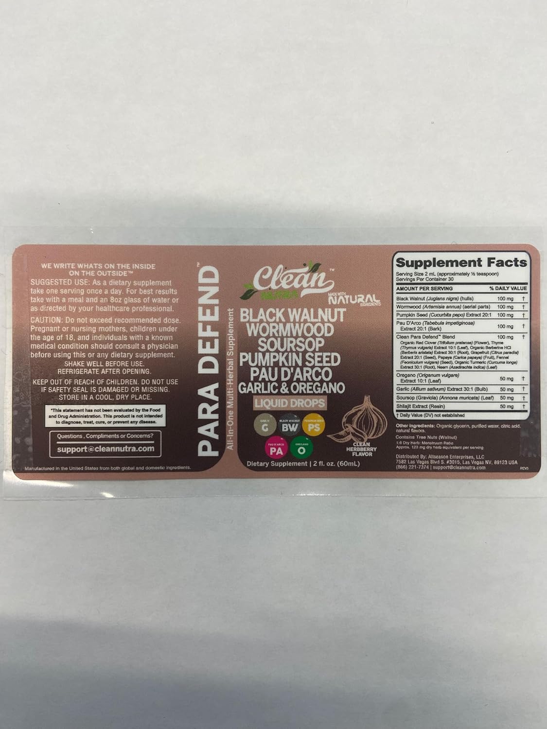 Clean Nutraceuticals Defend Black Walnut Liquid Drops with Sweet Wormwood, Soursop, Garlic, Pumpkin Seed, PAU D'Arco, Oregano, Turmeric, Berberine and Neem Tincture - Clean Nutra