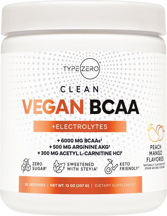 Clean Vegan BCAA Powder + Electrolytes (Peach Mango | 6G) - Sugar-Free 2:1:1 Amino Acids Supplement for Workout Recovery