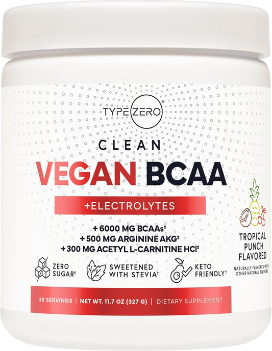 Clean Vegan BCAA Powder with Electrolytes - Hawaiian Punch Flavor, 6g 2:1:1 Sugar-Free Amino Acids Supplement for Women/Men - Ideal Post-Workout Drink
