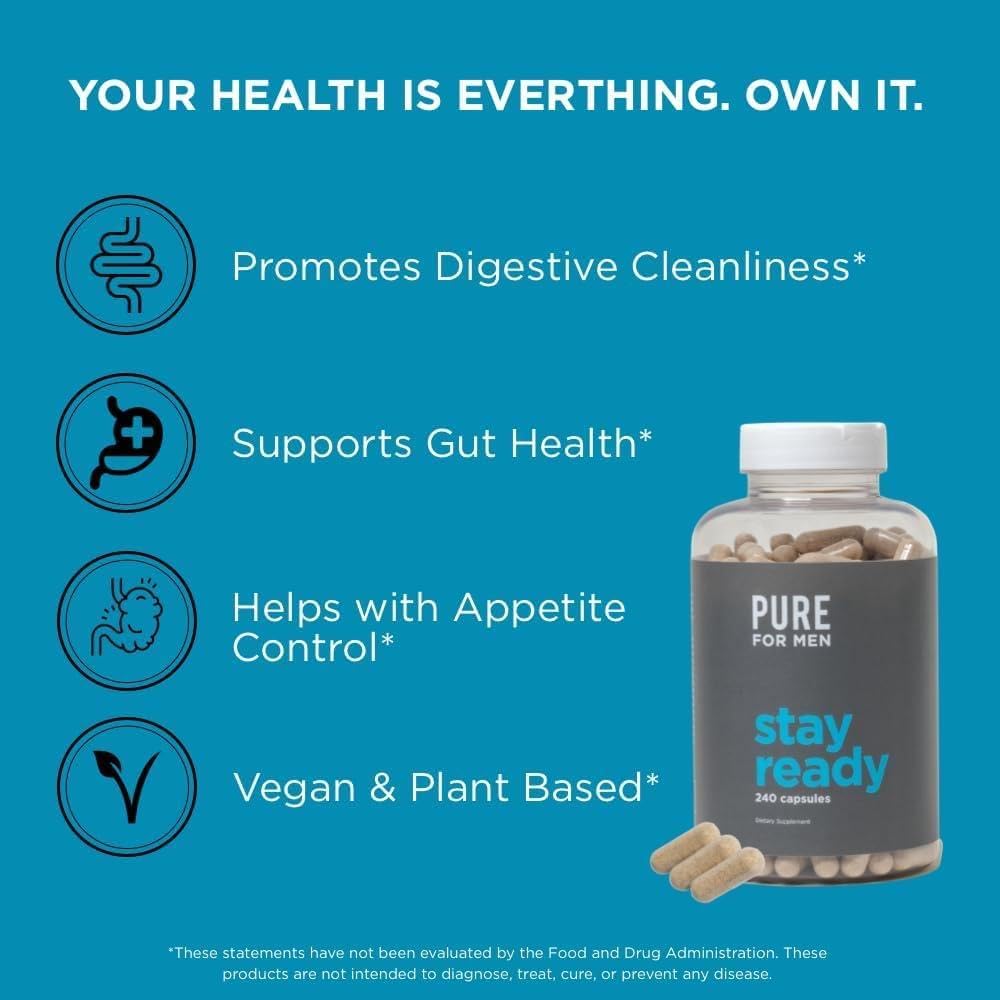 Cleanliness Stay Ready Fiber Supplement for Digestive Regularity | Psyllium Husk, Aloe Vera, Chia Seeds, Flaxseeds | 240 Vegan Capsules