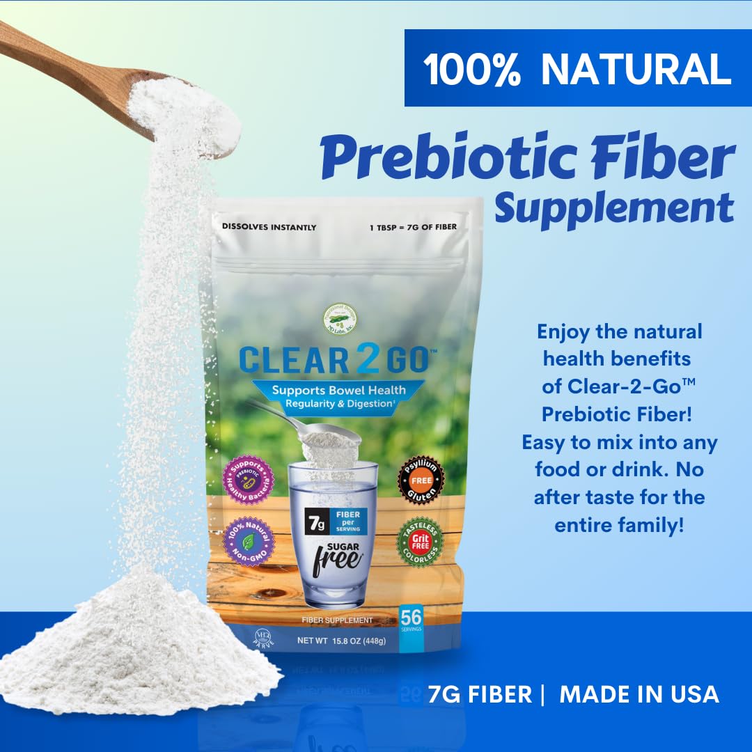 Clear 2 Go Prebiotic Inulin Fiber Supplement - Natural Sugar & Gluten Free for Digestive Health - Easy Powder for Men & Women