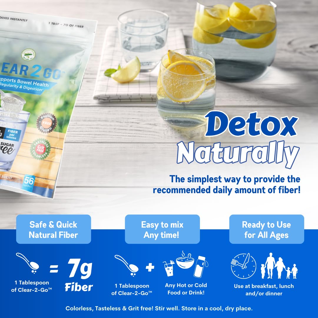 Clear 2 Go Prebiotic Inulin Fiber Supplement - Natural Sugar & Gluten Free for Digestive Health - Easy Powder for Men & Women