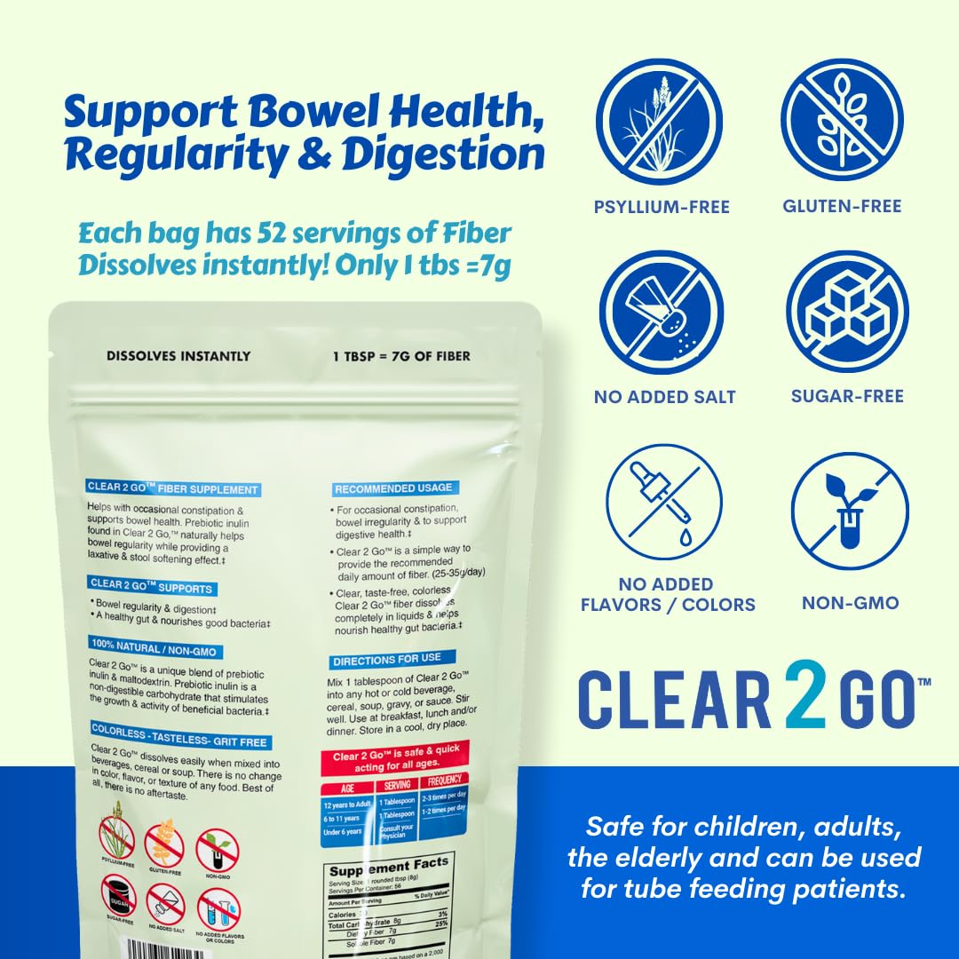 Clear 2 Go Prebiotic Inulin Fiber Supplement - Natural Sugar & Gluten Free for Digestive Health - Easy Powder for Men & Women