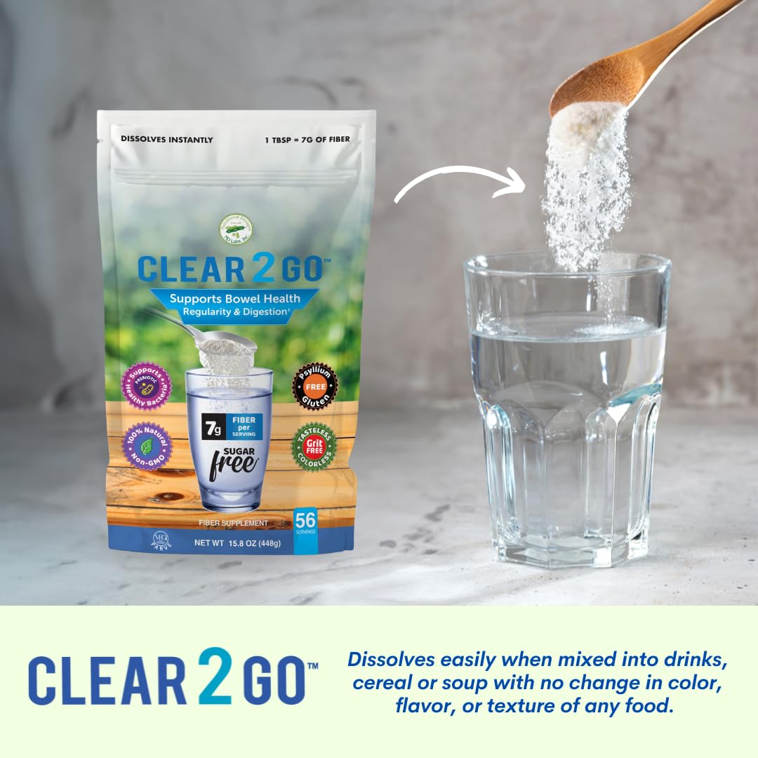 Clear 2 Go Prebiotic Inulin Fiber Supplement - Natural Sugar & Gluten Free for Digestive Health - Easy Powder for Men & Women