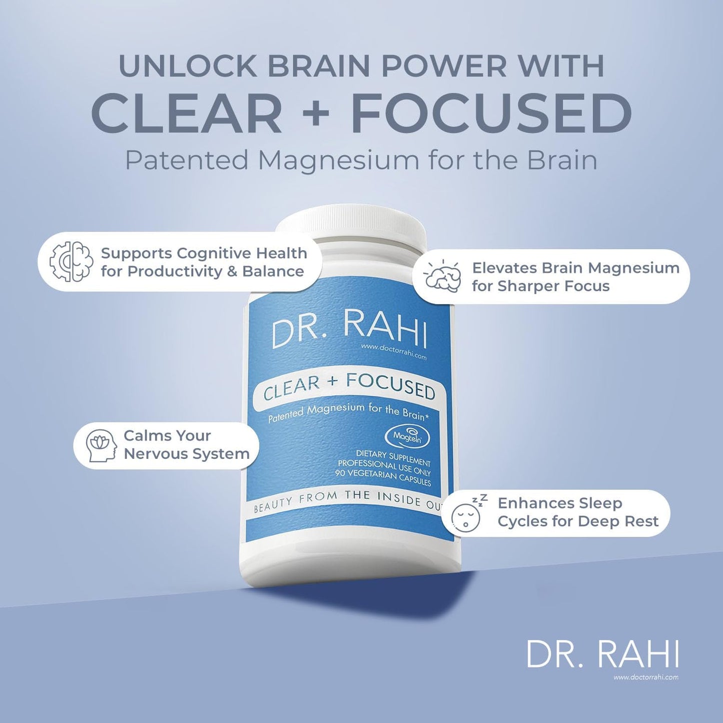 Clear and Focused Magnesium L-Threonate Capsules - 90 Ct - USA Made Brain Support Supplement - Memory & Focus Formula - Non-GMO Gentle Magnesium for Adults by Dr. Rahi