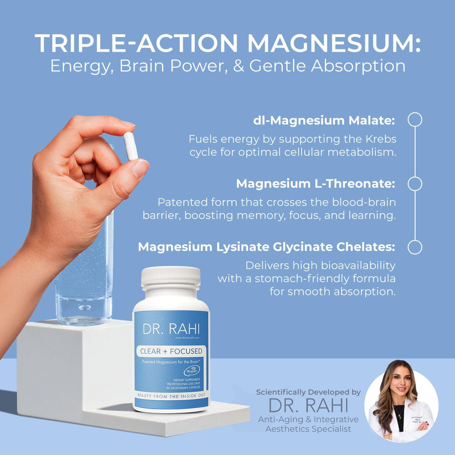 Clear and Focused Magnesium L-Threonate Capsules - 90 Ct - USA Made Brain Support Supplement - Memory & Focus Formula - Non-GMO Gentle Magnesium for Adults by Dr. Rahi
