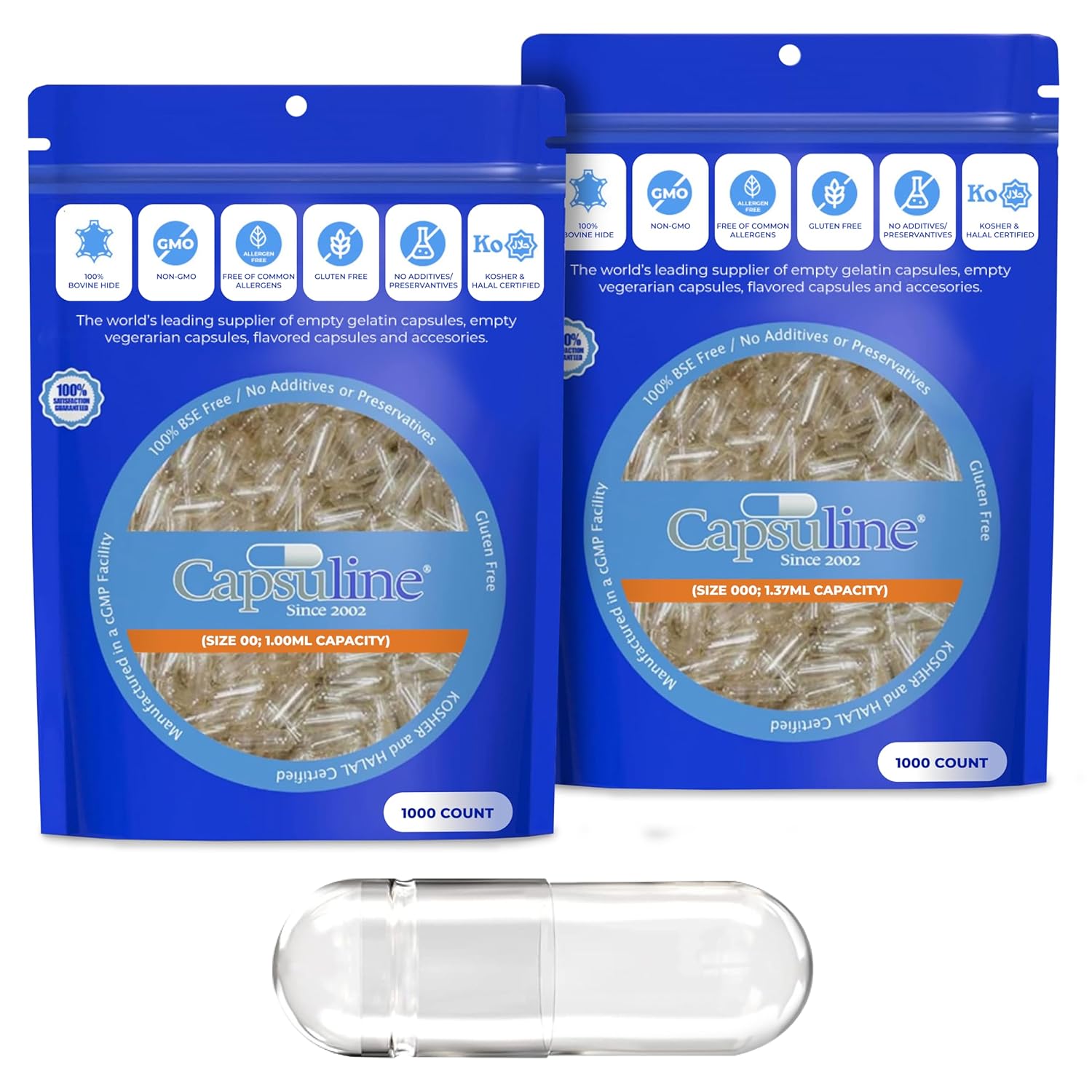 Clear Empty Gelatin Capsules Size 00 and 000 Bundle - 1000 Count, DIY Bovine Pill Filling, Kosher, Gluten Free, Non-GMO