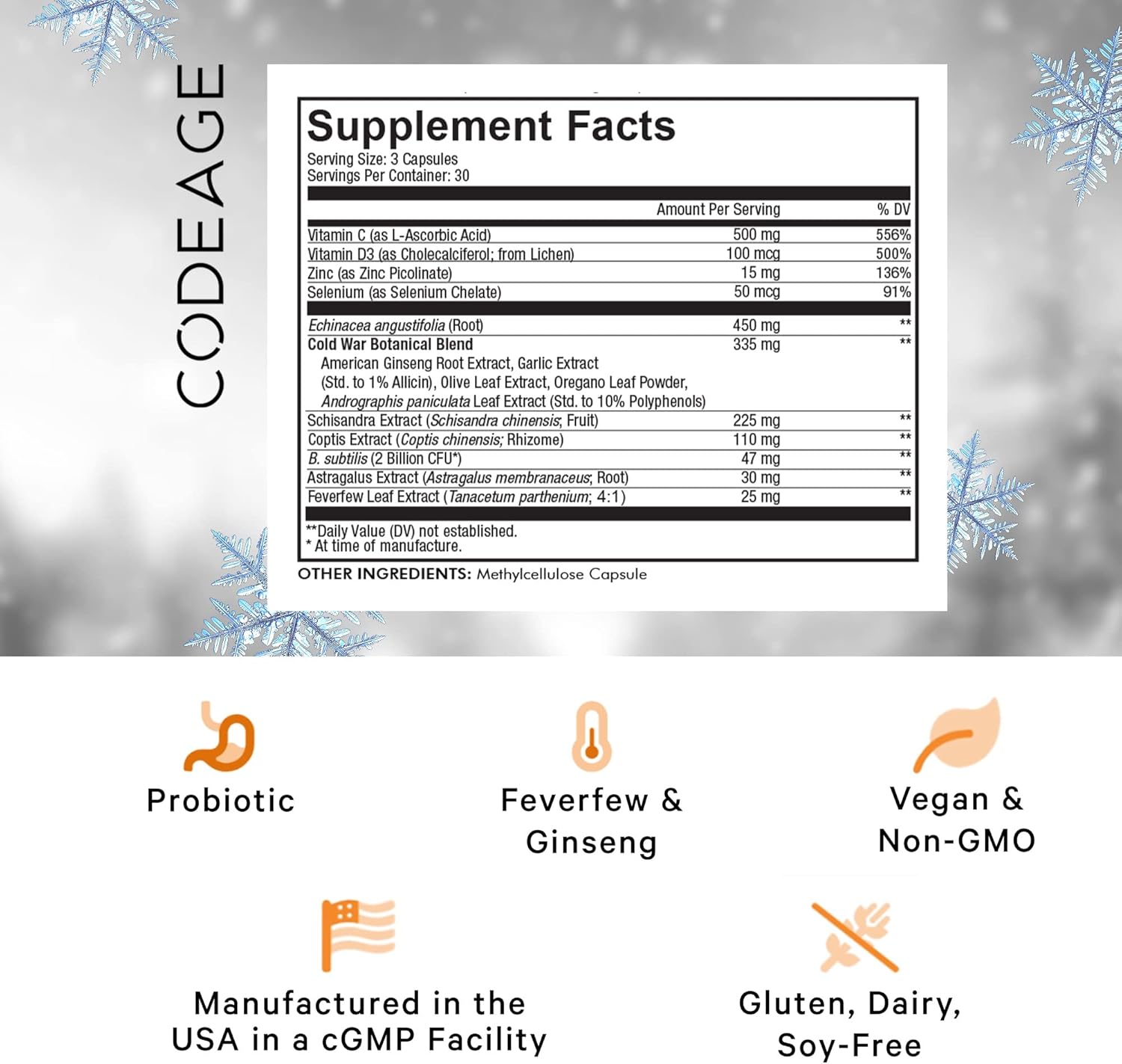 Clear Head Echinacea Supplement with Schisandra, Feverfew, Ginseng, Astragalus, Garlic, Probiotics, Vitamins C & D3, Zinc, Selenium - 90 Capsules