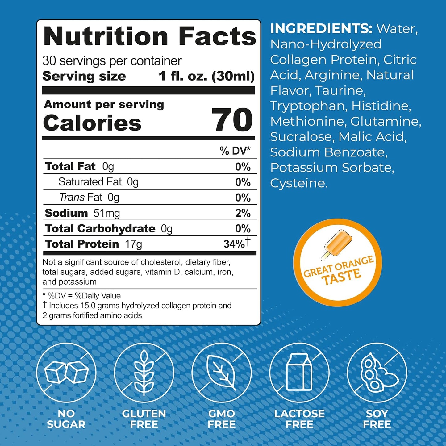 Clear Liquid Collagen Protein Shot with Arginine, Orange Creme Flavor, Non GMO, Gluten Free - 30 fl oz Bottle