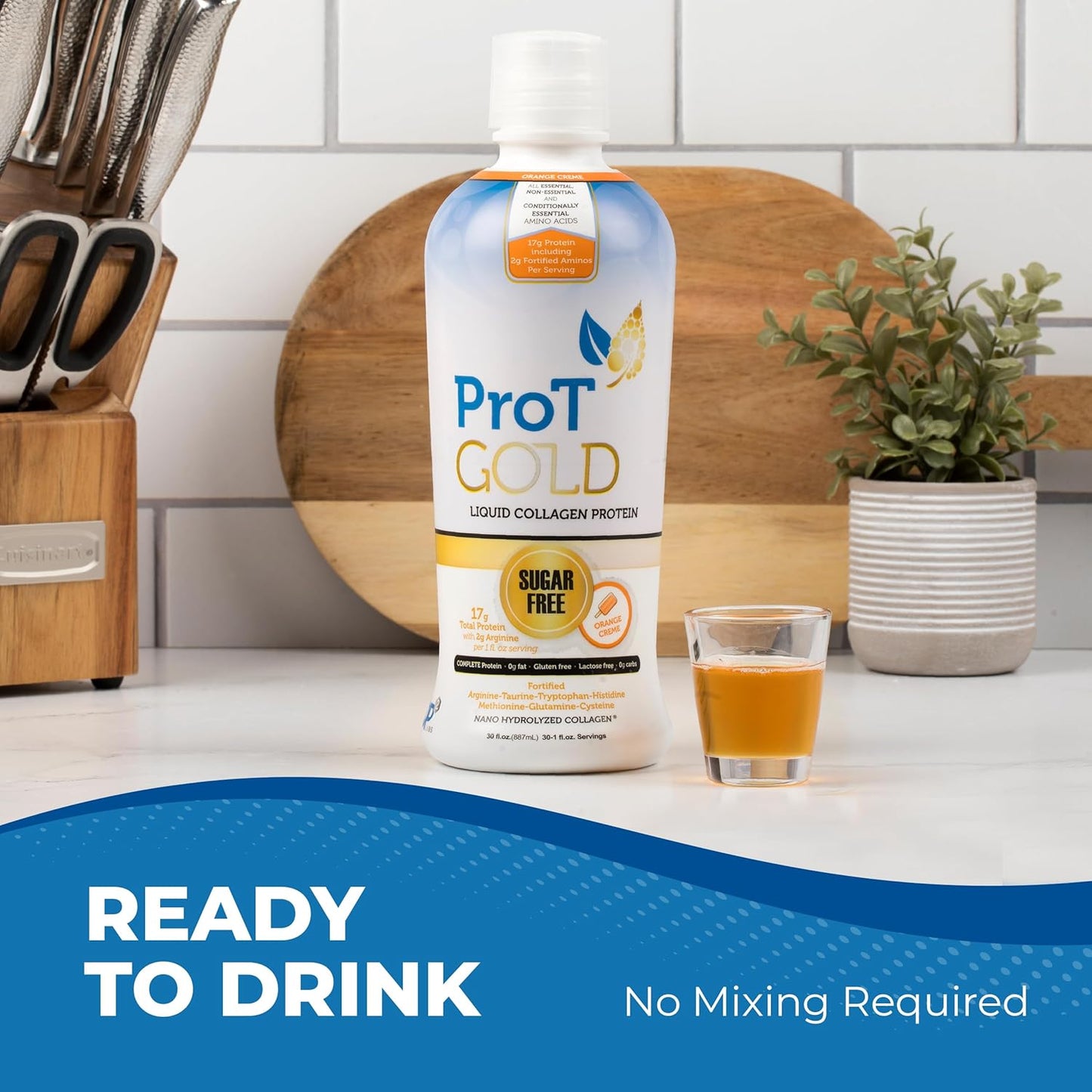 Clear Liquid Collagen Protein Shot with Arginine, Orange Creme Flavor, Non GMO, Gluten Free - 30 fl oz Bottle