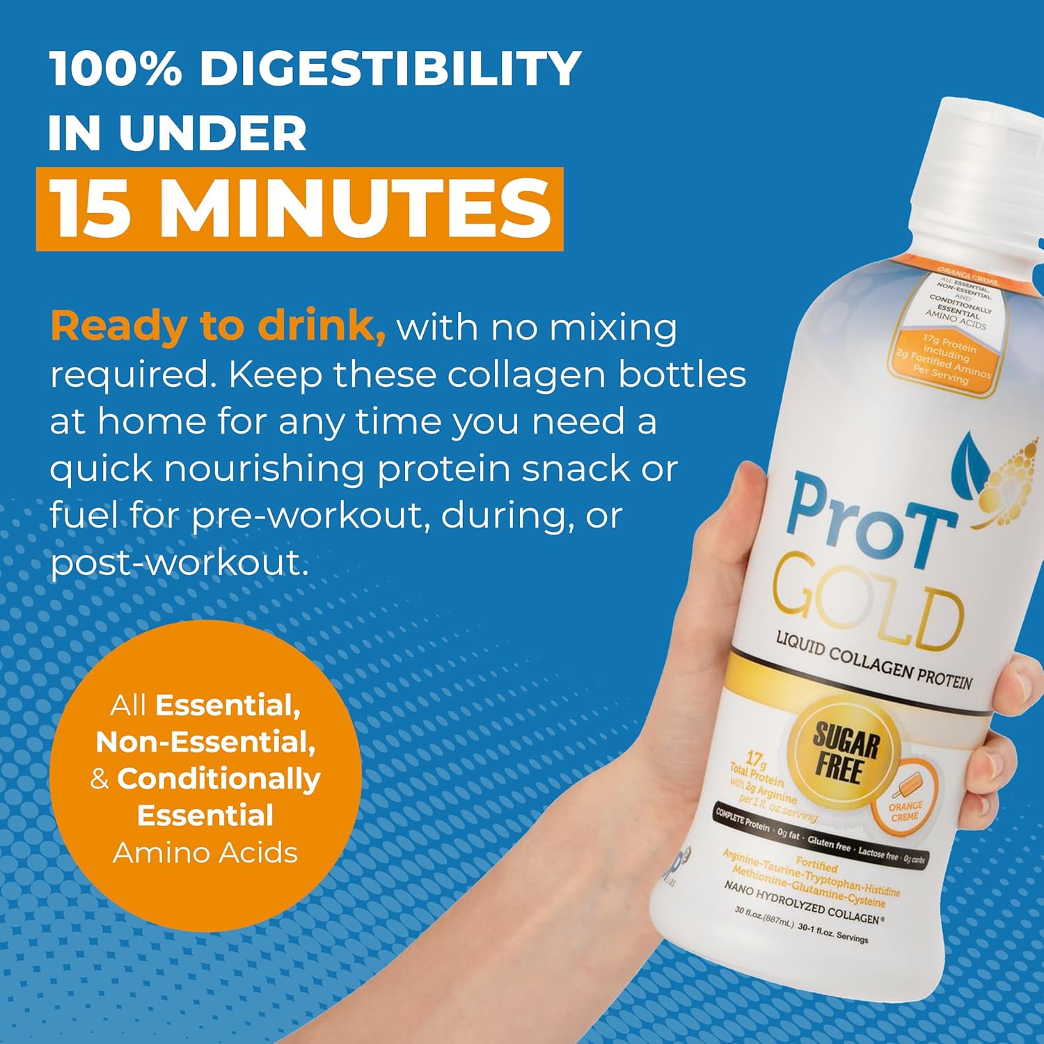 Clear Liquid Collagen Protein Shot with Arginine, Orange Creme Flavor, Non GMO, Gluten Free - 30 fl oz Bottle