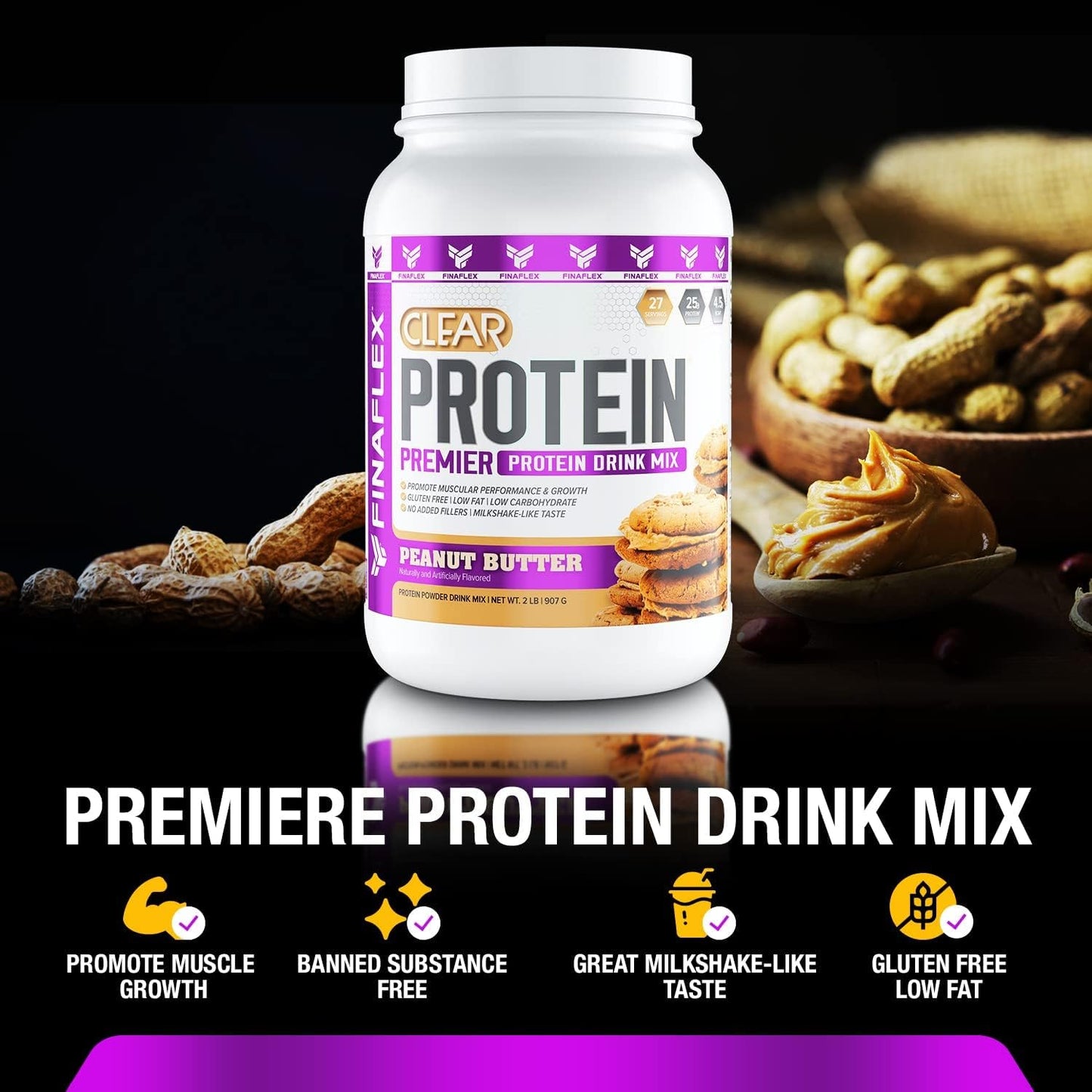 Clear Protein Peanut Butter 2lb: Promotes Muscle Performance & Growth, Milkshake Taste, Low Carb, Low Fat, Gluten-Free - 27 Servings