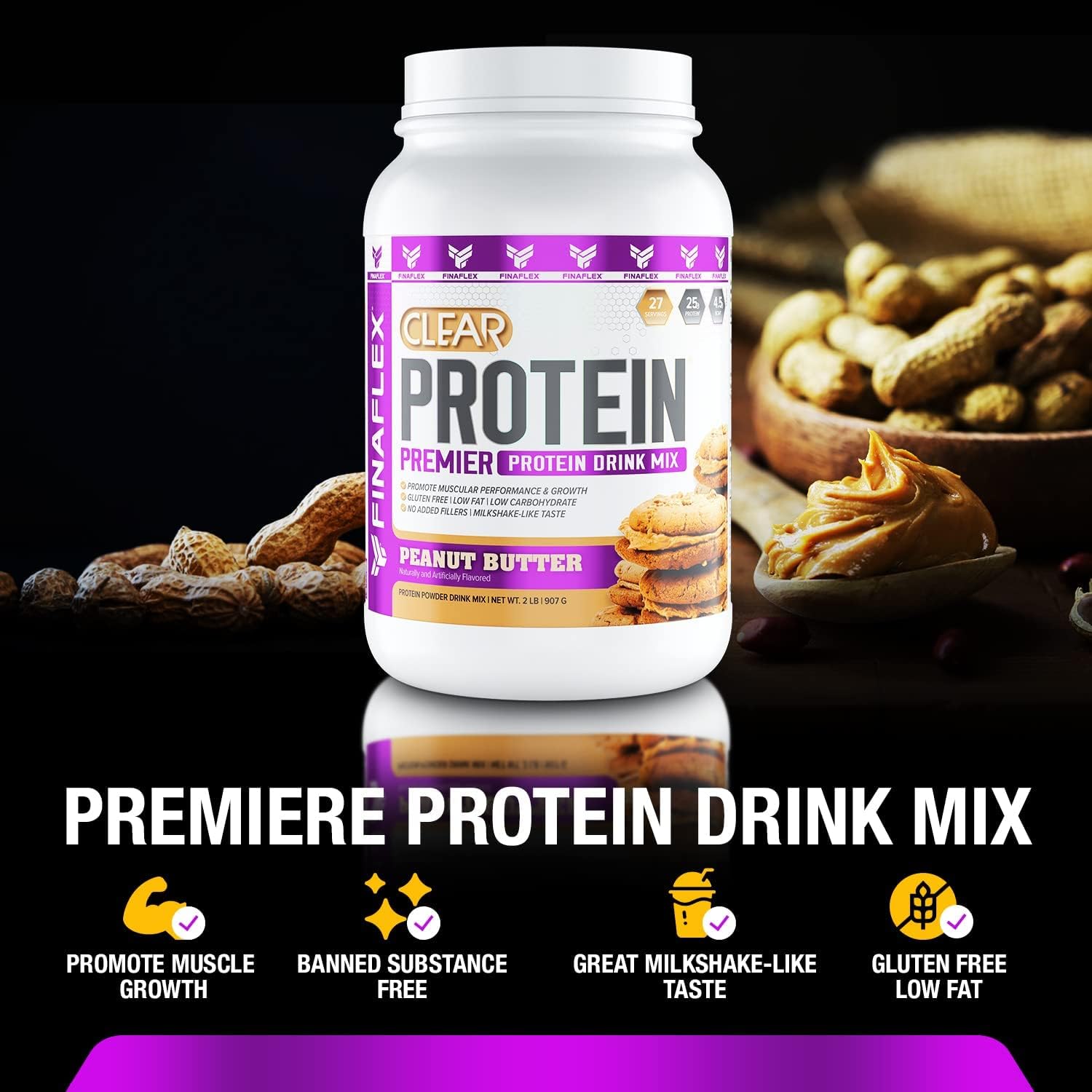 Clear Protein Peanut Butter 2lb: Promotes Muscle Performance & Growth, Milkshake Taste, Low Carb, Low Fat, Gluten-Free - 27 Servings