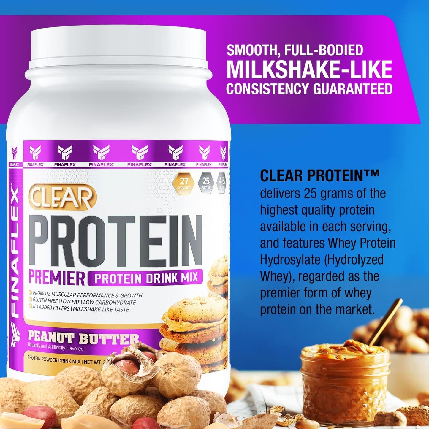 Clear Protein Peanut Butter 2lb: Promotes Muscle Performance & Growth, Milkshake Taste, Low Carb, Low Fat, Gluten-Free - 27 Servings