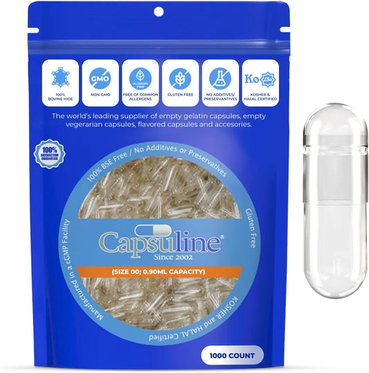 Clear Separated Gelatin Capsules Size 00 - 1000 Count | Gluten Free, Kosher, Non-GMO | Bovine Pill Caps for DIY Supplement Filling